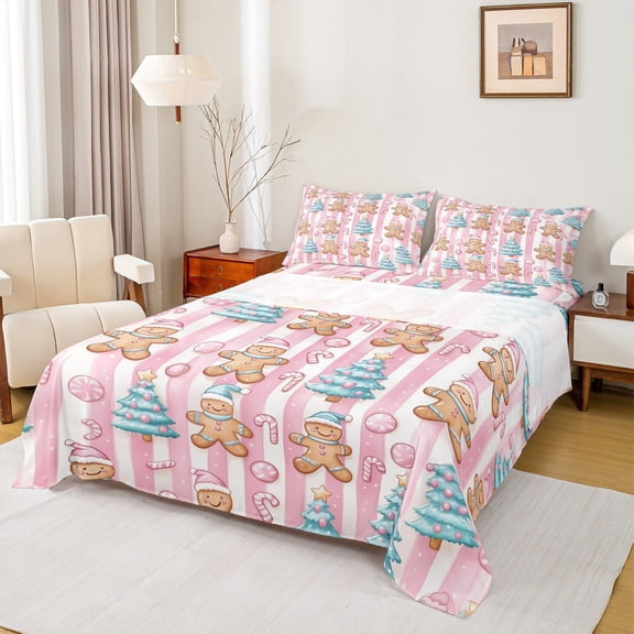 Feelyou Gingerbread Man Queen Sheet Sets for Kids, Christmas Dessert Flat Sheet, Xmas Tree Geometric Queen Fitted Sheet, Ultra Soft Home Decor, 4pcs