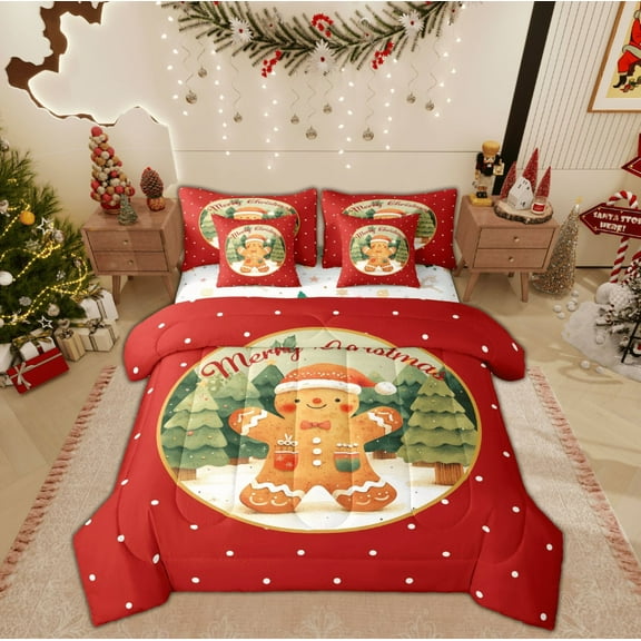 Feelyou Gingerbread Man Twin Bedding Sets 7-Piece for Teens, Dreamy Fairy Tale Bedding Comforter Set, Christmas Dots Reversible Sheet Sets, Microfiber Bedroom Decor