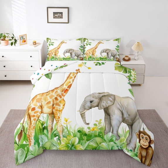 Feelyou Giraffe Elephant Animal Full Size Comforter Sets, Green Palm Leaf Bedding Comforter Set, Woodland Wildlife Reversible Bedding Sets, Ultra Soft Home Decor, 3-Piece