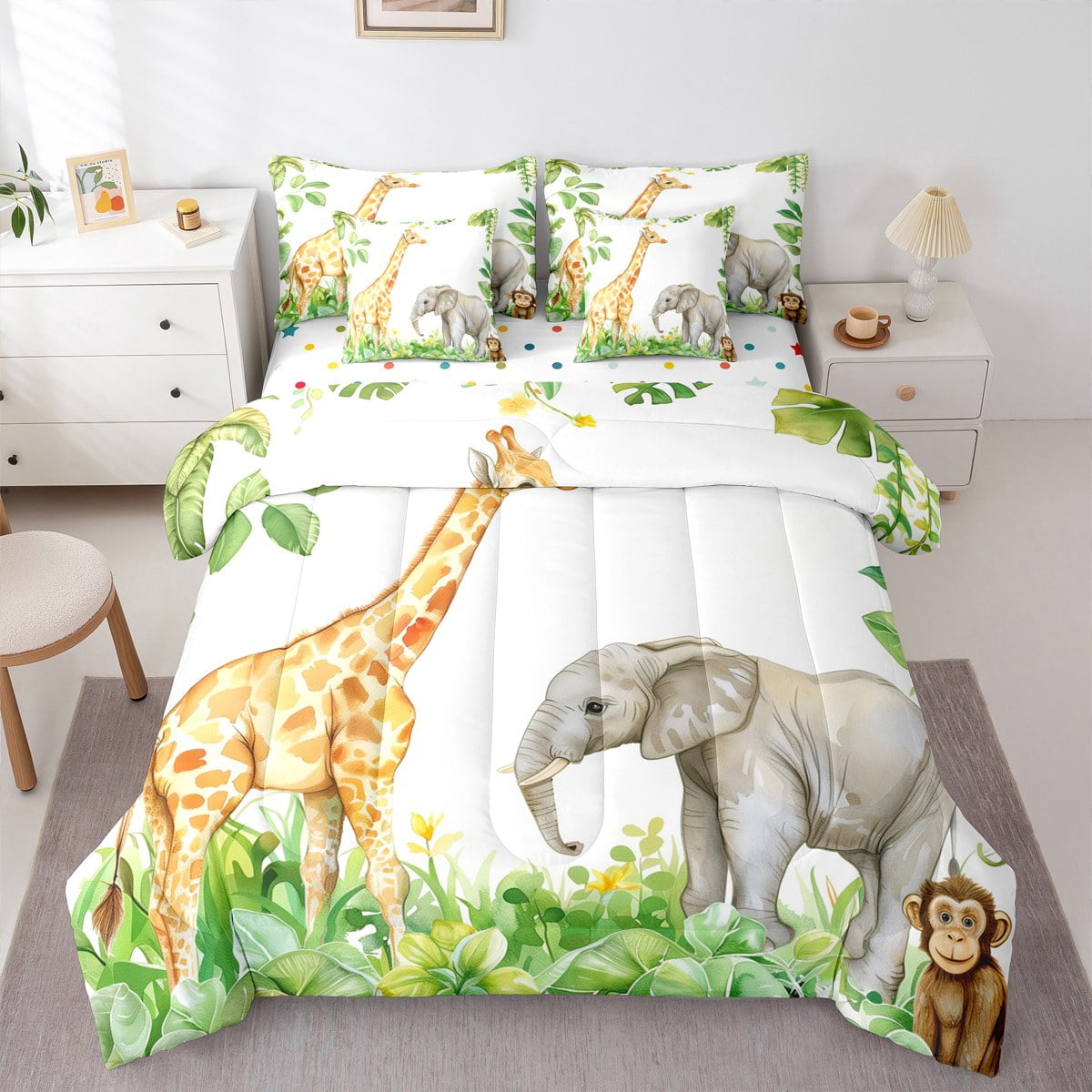 Reversible Sheets Feelyou Giraffe Elephant Animal Twin Bedding Sets 7-Piece, Green Palm ...