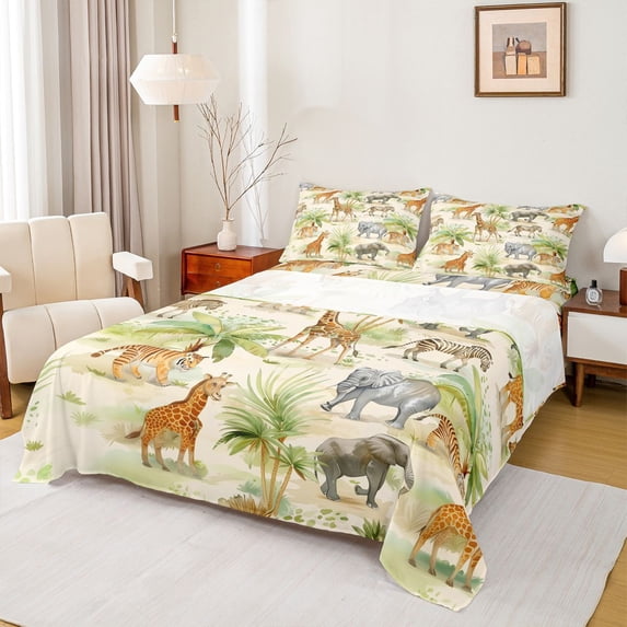 Feelyou Giraffe Elephant Tiger Bed Sheets, Kawaii Zebra King Sheets, Jungle Wildlife Animal Sheet Set, Luxury Bedroom Decor, 4-Piece