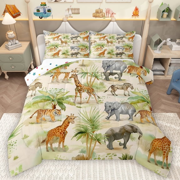 Feelyou Giraffe Elephant Tiger Full Size Comforter Sets, Kawaii Zebra Bedding Comforter Set, Jungle Wildlife Animal Reversible Bedding Sets, Luxury Bedroom Decor, 3-Piece