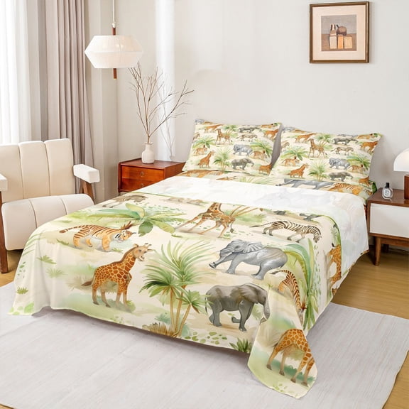 Feelyou Giraffe Elephant Tiger Twin Sheet Sets, Kawaii Zebra Twin Fitted Sheet, Jungle Wildlife Animal Flat Sheet, Luxury Bedroom Decor, 3-Piece
