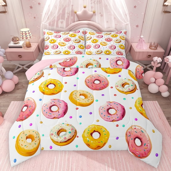 Feelyou Girl Donut Queen Comforter Set, Polkadots Circle Bedding Comforter Set, 3pcs