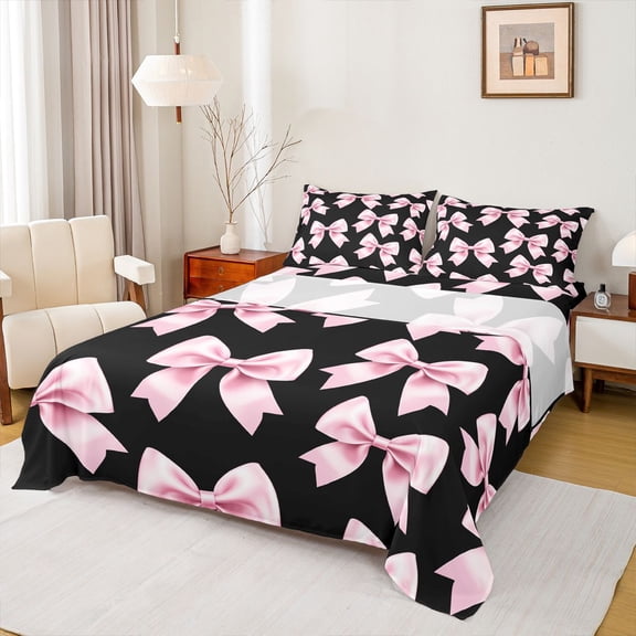 Feelyou Girl Fashion Bowknot Twin Sheet Sets, Black Pink Princess Bedding, 3 Pieces
