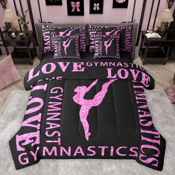 Feelyou Girl Gymnastics Twin Bedding Sets 7-Piece, Black Pink Sequin Print Bedding Comforter Set, Modern Sports Lover Reversible Sheet Sets, Luxury Bedroom Decor