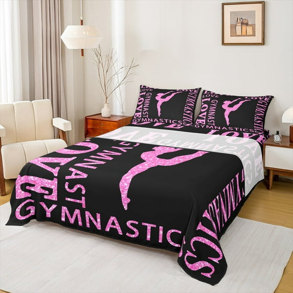 Feelyou Girl Gymnastics Twin Sheet Sets, Black Pink Sequin Print Twin Fitted Sheet, Modern Sports Lover Flat Sheet, Luxury Bedroom Decor, 3-Piece
