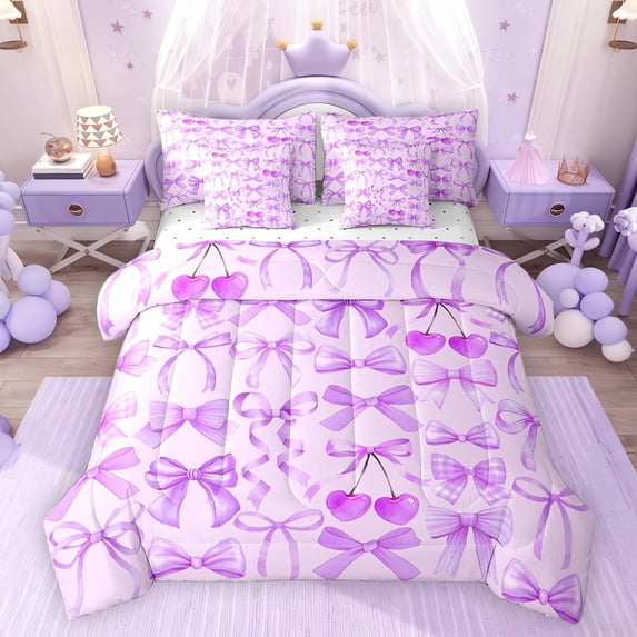 Feelyou Girl Purple Bowknot Bedding Comforter Set 7pcs, Ribbon Cherry Queen Bedding Sets