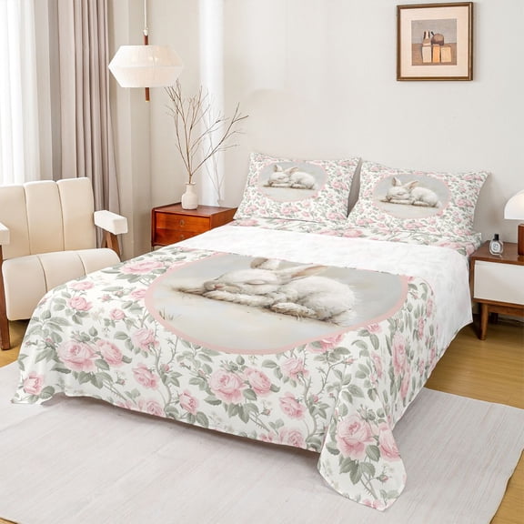 Feelyou Girl Rabbit Animal Full Size Sheets, Pink Retro Floral Bed Sheets, 4pcs