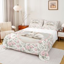 Feelyou Girl Rabbit Animal Twin Sheet Sets, Pink Retro Floral Bedding, 3pcs