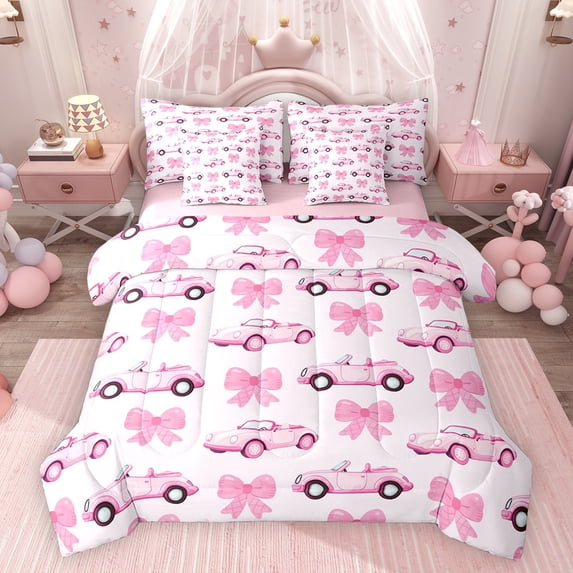 Feelyou Girl Ribbon Bowknot Bedding Comforter Set 7pcs, Fashion Race Car King Bedding Sets