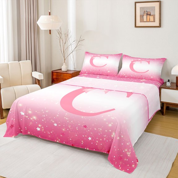 Feelyou Girl Ribbon Letter C Twin Sheet Sets, Sequin Print Bedding, 3-Piece