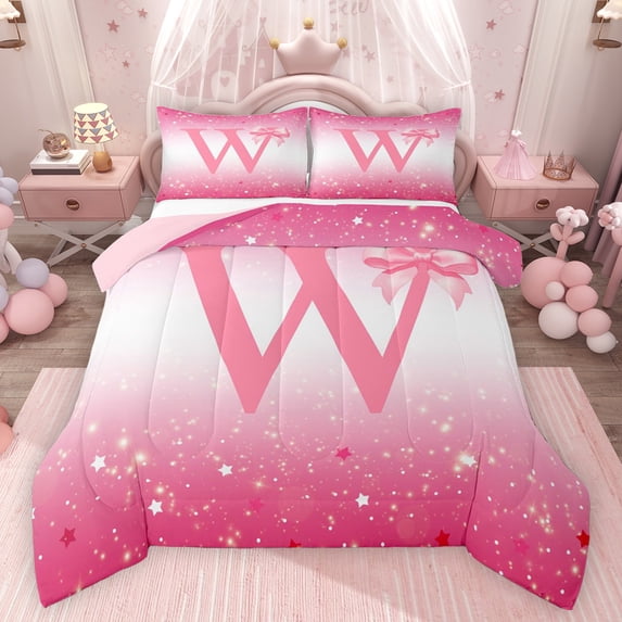 Feelyou Girl Ribbon Letter W Twin Comforter Sets, Pink Sequin Print Bedding Set, 2pcs