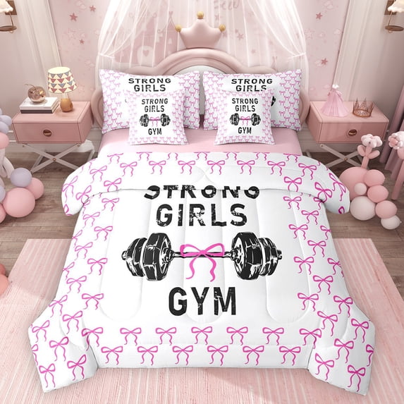 Feelyou Girl Weightlifting Sport Twin Bedding Sets 7pcs, Princess Bow Comforter Set
