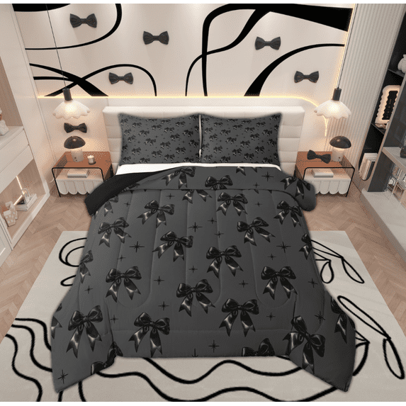 Feelyou Girls Cute Bow-tie Bedding Comforter Set, Kawaii Bowknot Ribbon Twin Comforter Sets, Cartoon Stars Print Reversible Bedding Set, Super Cozy Room Decor, 2-Piece
