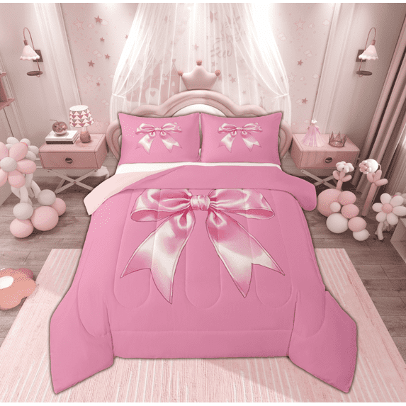 Feelyou Girls Cute Bow-tie Full Size Comforter Sets, Kawaii Bowknot Ribbon Bedding Comforter Set, Cute Cartoon Theme Reversible Bedding Sets, Lightweight Room Decor, 3-Piece