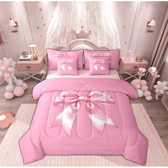 Feelyou Girls Cute Bow-tie Twin Bedding Sets 7-Piece, Kawaii Bowknot Ribbon Bedding Comforter Set, Cute Cartoon Theme Reversible Sheet Sets, Lightweight Room Decor