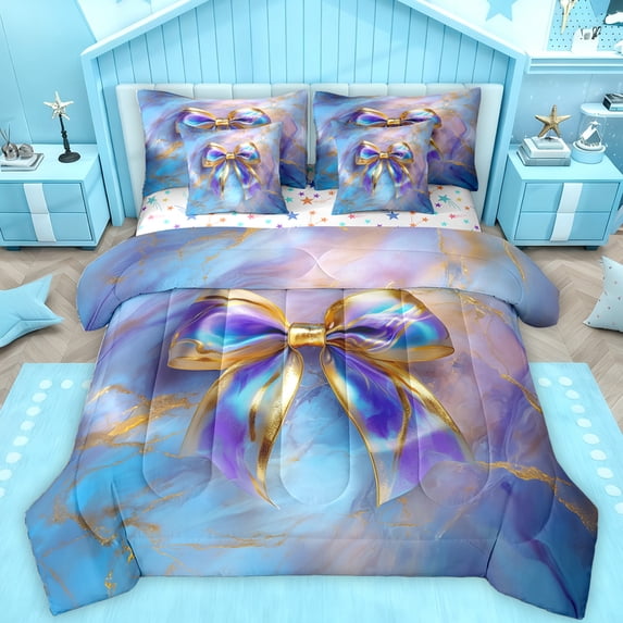 Feelyou Girls Fashion Bowknot Bedding Comforter Set 7pcs, Blue Purple Marbling Queen Bedding Sets, Chic Watercolor Abstract Reversible Queen Sheet Sets, Luxury Bedroom Decor