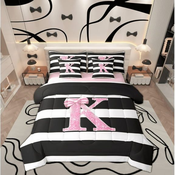 Feelyou Girls Glitter K Twin Bedding Sets 7-Piece, Initial A to Z Letter Bedding Comforter Set, Bling Diamond Ribbon Reversible Sheet Sets, Breathable Home Decor