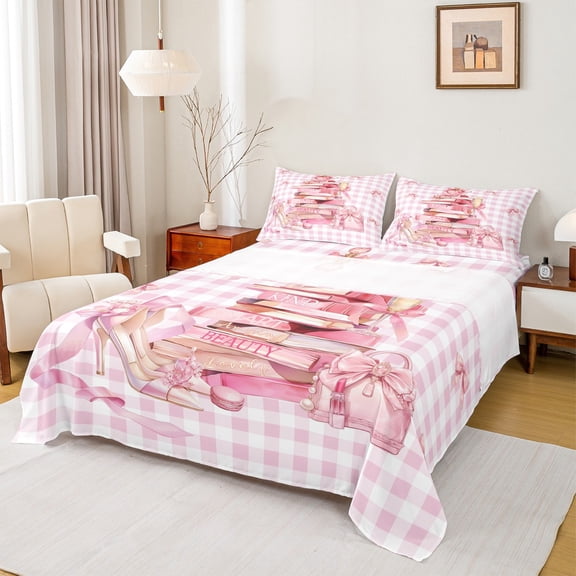 Feelyou Girls High Heel Books Twin Sheet Sets, Modern Buffalo Plaid Twin Fitted Sheet, Pink Fashion Style Flat Sheet, Luxury Bedroom Decor, 3-Piece