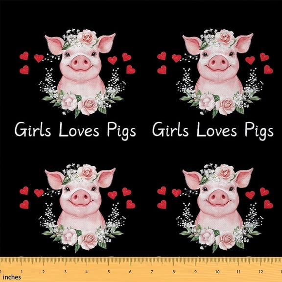 Feelyou Girls Loves Pigs Fabric by the Yard 2 Yards, Black Pink Room Decor Fabric by the Yard, Kawaii Cartoon Farm Animal Fabric for Sewing, Lightweight Room Decor