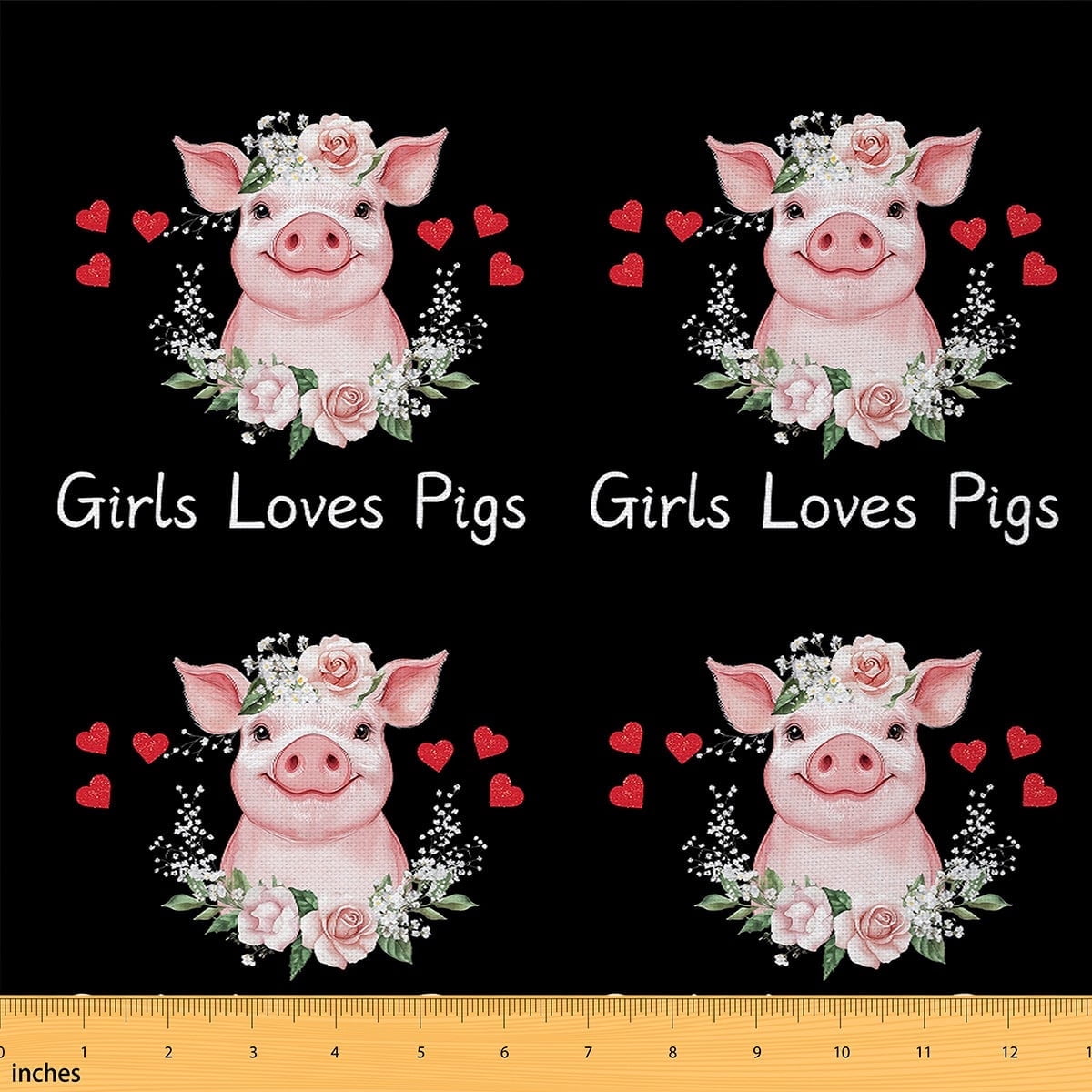 Feelyou Girls Loves Pigs Fabric by the Yard 3 Yards, Black Pink Sewing Fabric, Kawaii Cartoon Farm Animal Home Decor Fabric by the Yard, Lightweight Room Decor