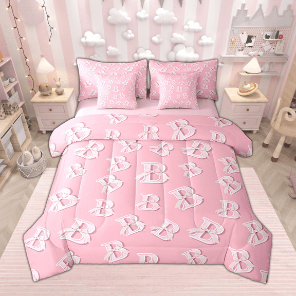 Feelyou Girls Pink Bedding Comforter Set 7 Pieces, Personalized Initial B Queen Bedding Sets, Monogrammed Bow Knot Queen Sheet Sets