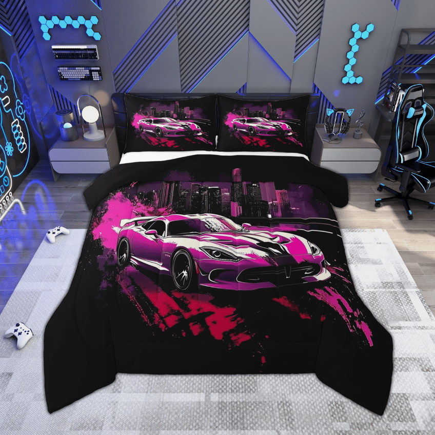 Pink Racing Car Set Feelyou Girls Pink Racing Car King Size Comforter Sets, Speed Sports ...