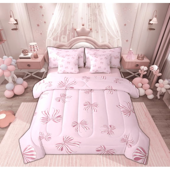 Feelyou Girls Princess Bow Bedding Comforter Set 7-Piece, Cartoon Stripes Geometric King Bedding Sets, Kawaii Pink Bowknot Reversible Bed Sheets, Lightweight Room Decor
