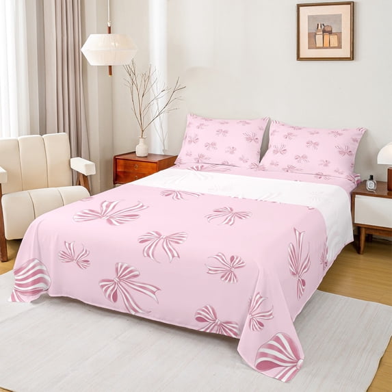 Feelyou Girls Princess Bow Full Size Sheets, Cartoon Stripes Geometric Bed Sheets, Kawaii Pink Bowknot Sheet Sets, Lightweight Room Decor, 4-Piece