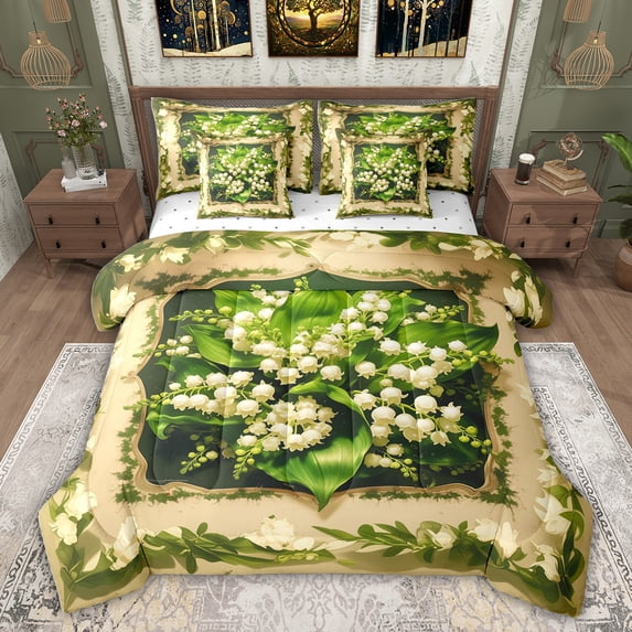 Feelyou Girls Spring Flower Bedding Comforter Set 7pcs, Green Leaves Plant Queen Bedding Sets, Kawaii Lily Floral Reversible Queen Sheet Sets, Luxury Bedroom Decor
