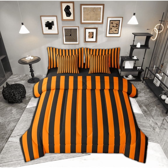 Feelyou Girls Stripes Buffalo Bedding Comforter Set 7pcs, Abstract Geometric King Bedding Sets, Vintage Farmhouse Style Reversible Bed Sheets, Super Cozy Room Decor, 3pcs