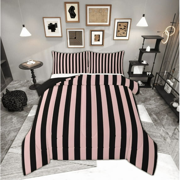 Feelyou Girls Stripes Buffalo Queen Comforter Set, Abstract Geometric Bedding Sets, Vintage Farmhouse Style Reversible Bedding Comforter Set, Super Cozy Room Decor, 3pcs