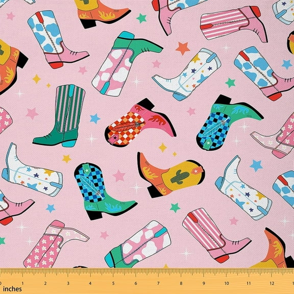 Feelyou Girls Western Boot Fabric by the Yard 1 Yard, Cowgirl Cowboy Home Decor Fabric by the Yard, Cartoon Stars Print Sewing Fabric, Breathable Home Decor