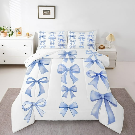 Feelyou Girly Blue Bowknot Bedding Comforter Set, Kawaii Princess Bow-tie Twin Comforter Sets, Cartoon Ribbon Style Reversible Bedding Set, Microfiber Bedroom Decor, 2 Pieces