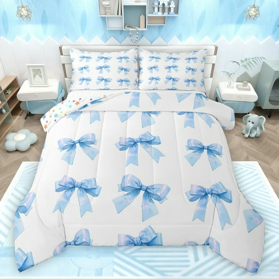Feelyou Girly Blue Bowknot Queen Comforter Set, Princess Watercolor Bow-tie Bedding Sets, Teens Kids Girls Women Reversible Bedding Comforter Set, Lightweight Room Decor, 3 Pieces