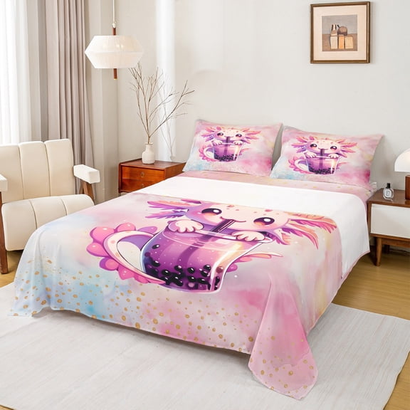 Feelyou Girly Boba Axolotl Twin Sheet Sets for Kids, Pink Watercolor Galaxy Twin Fitted Sheet, Dreamy Fairy Tale Flat Sheet, Lightweight Room Decor, 3 Pieces