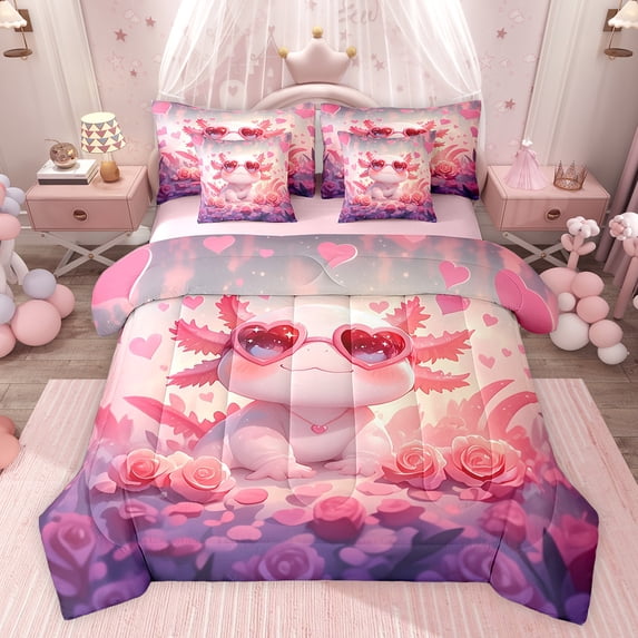 Feelyou Girly Cute Axolotl Bedding Comforter Set 7pcs for Kids, Romantic Pink Rose Queen Bedding Sets, Dreamy Fairy Tale Reversible Queen Sheet Sets, Super Cozy Room Decor