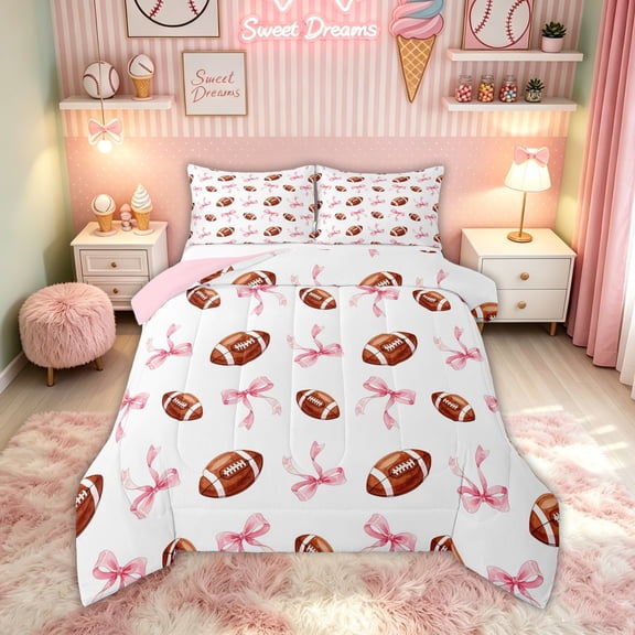 Feelyou Girly Football Queen Comforter Set for Girls, Pink Bow Rugby Comforter Sets Queen, Pink Reversible, 3pcs, 1 Comforter and 2 Pillowcases