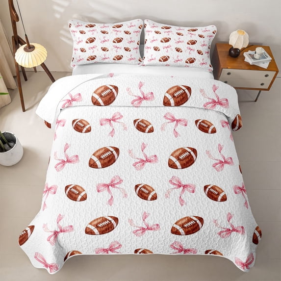 Feelyou Girly Football Twin Quilt Set for Girls, Pink Bow Rugby Twin Coverlet Set, 2pcs