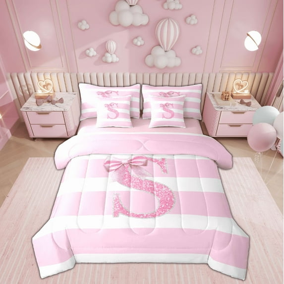 Feelyou Girly Glitter S Bedding Comforter Set 7pcs, Initial A to Z Letter King Bedding Sets, Bling Diamond Ribbon Reversible Bed Sheets, Luxury Bedroom Decor