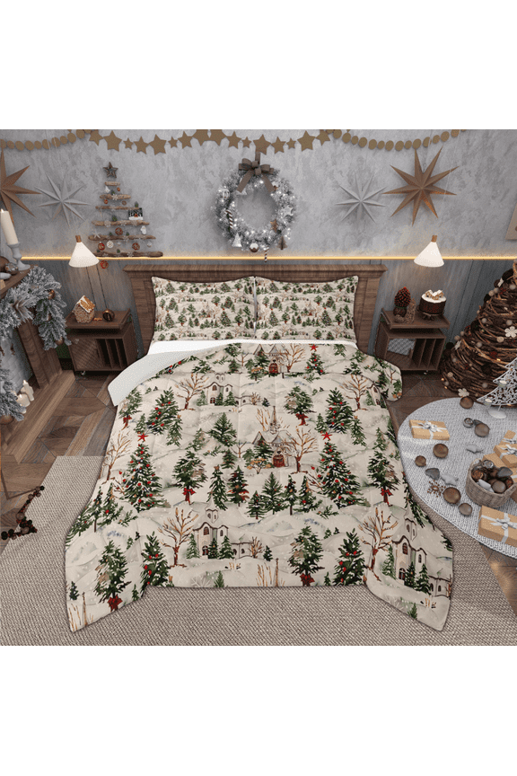 Girly Green Tree Bedding Comforter Set, Rustic Winter Snowflake Twin Comforter Sets, Merry Christmas Theme Reversible Bedding Set, Ultra Soft Home Decor, 2pcs