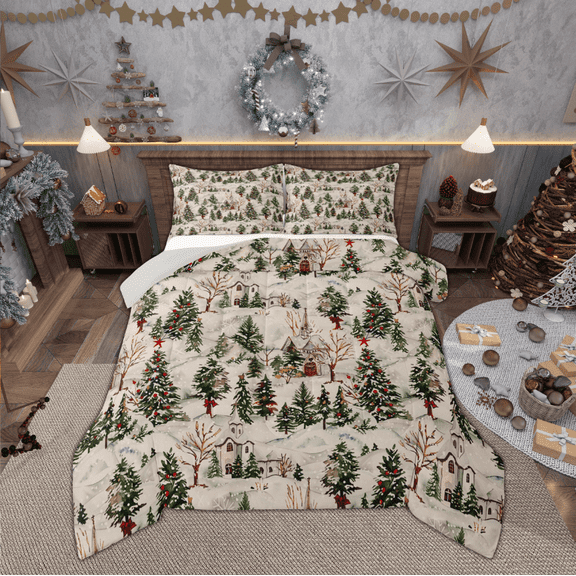 Feelyou Girly Green Tree Bedding Comforter Set, Rustic Winter Snowflake Twin Comforter Sets, Merry Christmas Theme Reversible Bedding Set, Ultra Soft Home Decor, 2pcs