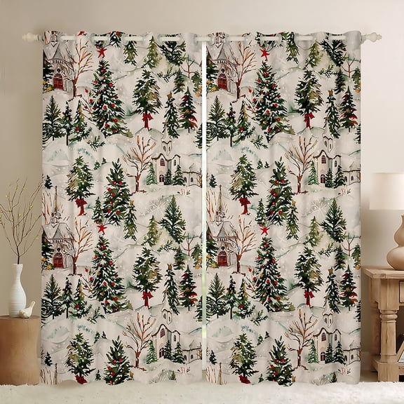 Feelyou Girly Green Tree Curtains Pack of 2 (42x84 Each), Rustic Winter Snowflake Curtains Blackout, Merry Christmas Theme Bedroom Curtains, Blackout Curtains Home Decor