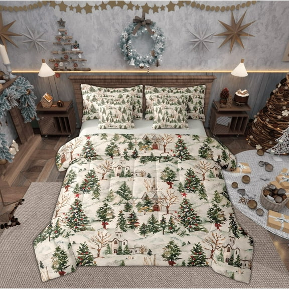 Feelyou Girly Green Tree Twin Bedding Sets 7-Piece, Rustic Winter Snowflake Bedding Comforter Set, Merry Christmas Theme Reversible Sheet Sets, Ultra Soft Home Decor