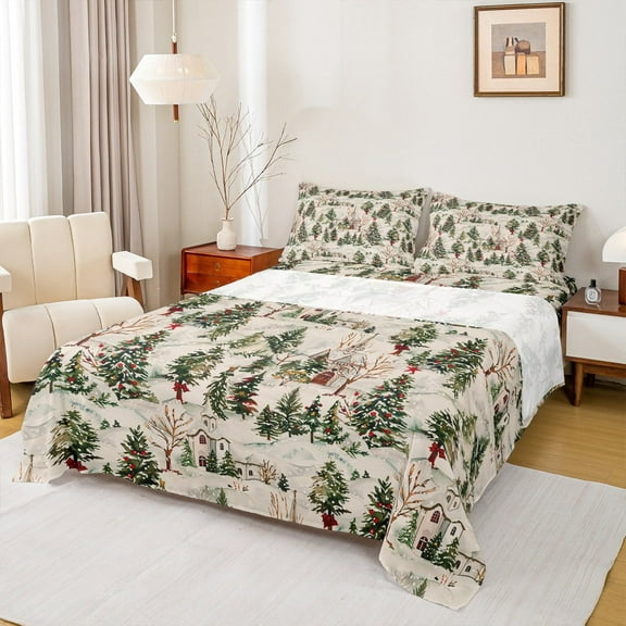 Feelyou Girly Green Tree Twin Sheet Sets, Rustic Winter Snowflake Twin Fitted Sheet, Merry Christmas Theme Flat Sheet, Ultra Soft Home Decor, 3pcs