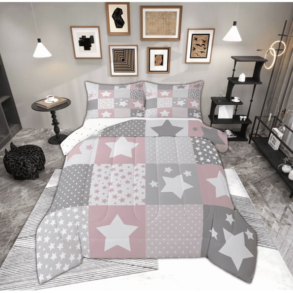 Feelyou Girly Grey Pink Plaid Bedding Comforter Set, Fashion Polka Dots Twin Comforter Sets, Cartoon Patchwork Reversible Bedding Set, Breathable Home Decor, 2-Piece