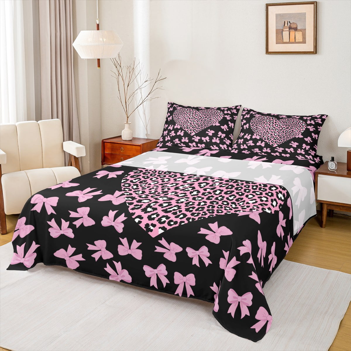 feelyou-girly-hearts-bed-sheets-cute-bow-ribbon-king-sheets-for-girls