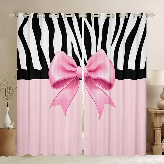 Feelyou Girly Kawaii Bow-tie Black Out Curtains, Fashion Zebra Print Stripes Curtains Pack of 2 (42x63 Each), Cute Princess Bowknot Bedroom Curtains, Living Room Curtains Decor