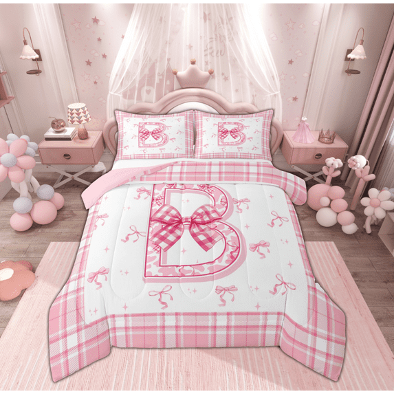 Feelyou Girly Monogrammed B Bedding Comforter Set, Cartoon Pink Bownknot Ribbon Twin Comforter Sets, Princess Buffalo Plaid Reversible Bedding Set, Super Cozy Room Decor, 2 Pieces